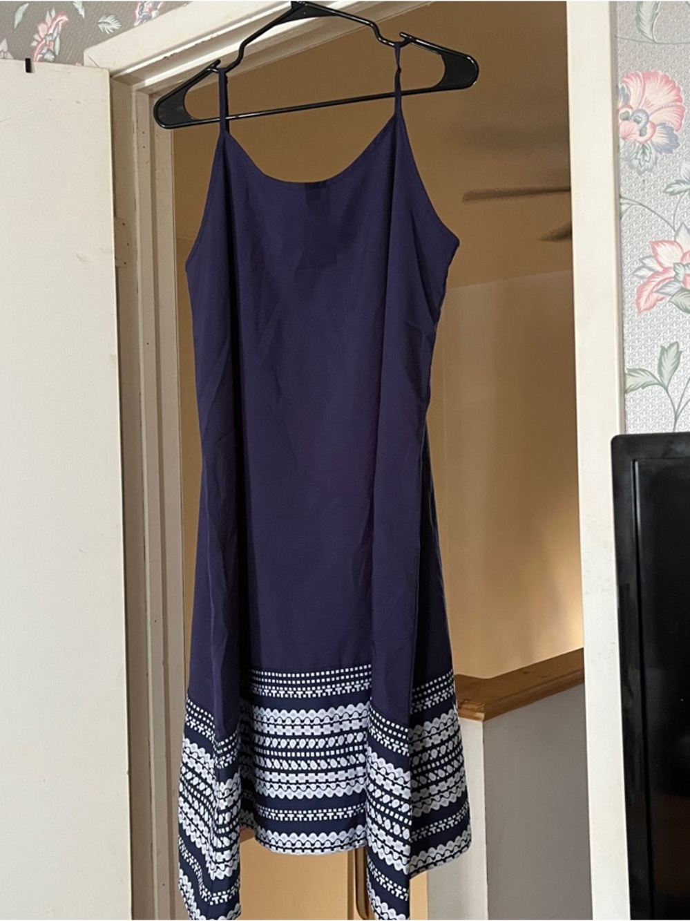 SHEIN Navy Sleeveless High-Low Dress with White Border Print